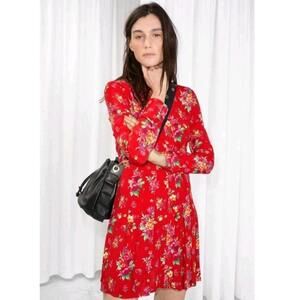 & OTHER STORIES Pleated Shirt Dress Long Sleeve Floral Boho Size 2 colorful